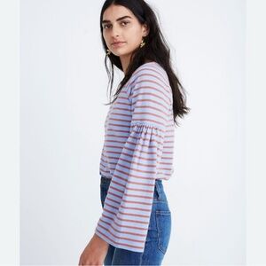 Blue and Red Striped Bell Sleeve Blouse